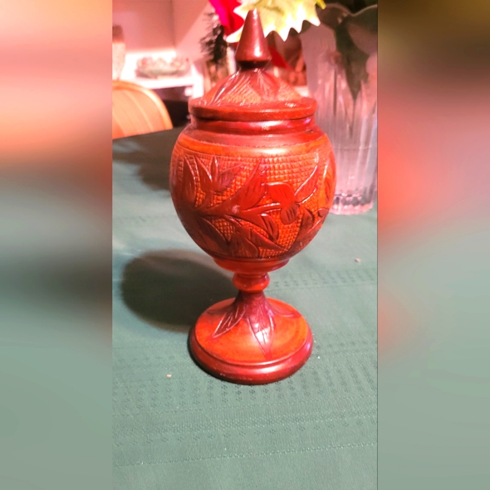 Wooden handcraved Turkish vase container cotton ball, jewelry, Q tips, more